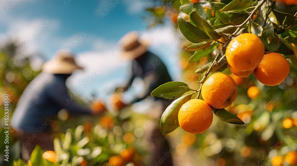 Poster oranges on branch with blurred background of orchard workers
