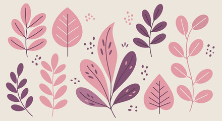 Flat graphic illustration of diverse leafy plants and foliage in pink and purple tones