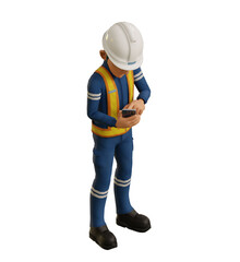 Isolate industrial worker is using the mobile phone on transparent background