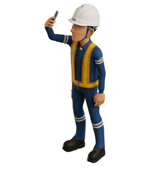 Isolate industrial worker is using the mobile phone  to taking a photo on transparent back ground