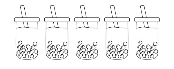 Five cups of refreshing bubble tea showing tapioca pearls and straws, outline for coloring book