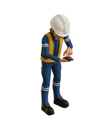 Isolate industrial worker is using the mobile phone  to taking a photo on transparent back ground