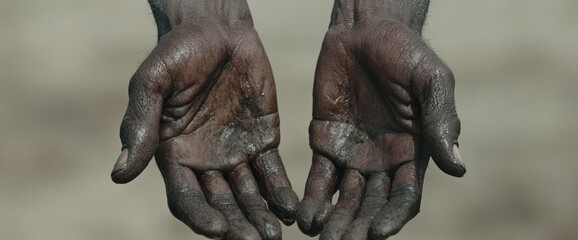 Hands, dark, covered in dirt. Palm up for help or offering to provide service or to receive something