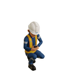 Isolate industrial worker is using the mobile phone on transparent background