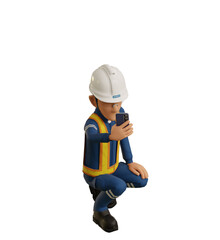 Isolate industrial worker is using the mobile phone  to taking a photo on transparent back ground