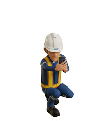 Isolate industrial worker is using the mobile phone  to taking a photo on transparent back ground