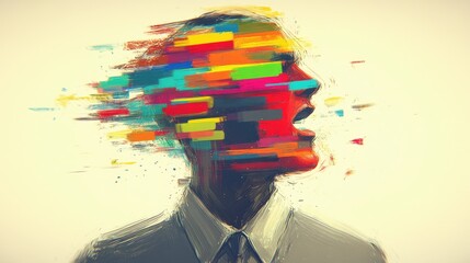 Man screaming, head morphing into colorful streaks of color. Anguish and emotion present