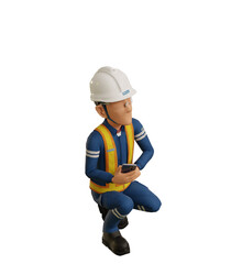Isolate industrial worker is using the mobile phone on transparent background