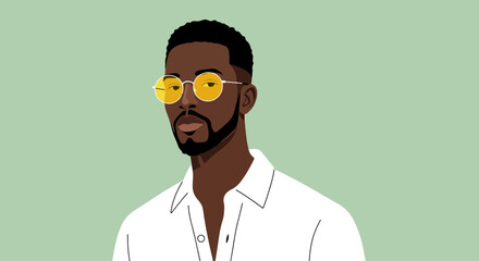 Obraz premium Portrait of a confident man in yellow sunglasses and white shirt against a light green background