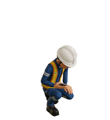 Isolate industrial worker is using the mobile phone on transparent background
