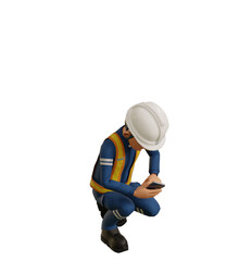 Isolate industrial worker is using the mobile phone on transparent background