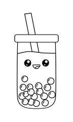 Kawaii style bubble tea glass with boba pearls and straw, vector outline for coloring book