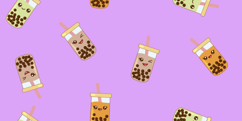 Cute seamless pattern of kawaii bubble tea cups with happy faces, on a violet background
