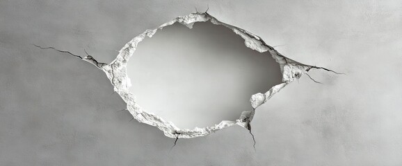 Jagged hole in a grey wall reveals a white interior, cracks radiating outwards