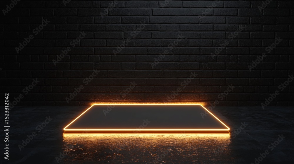 Poster rectangular platform with neon border in front of brick wall