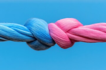 Blue and pink woolen strands knotted together against a bright, clear blue background