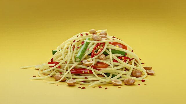Som tum salad on yellow background
