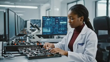Focused Female Engineer Working on Circuit Board in Tech Lab - Powered by Adobe