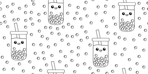 Kawaii bubble tea cups with straws smiling on white background, seamless pattern vector