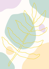 Minimalist boho illustration with golden leaf outline branch and pastel colored shapes, vector