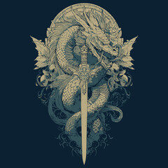 Dragon and Sword Vector Illustration