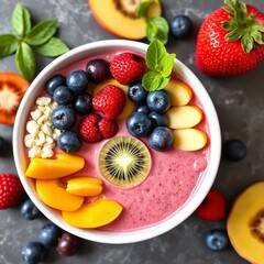 Smoothie bowl avec fruits colorés en gros plan. Bien-être et sport à domicile. Prendre soin de soi.