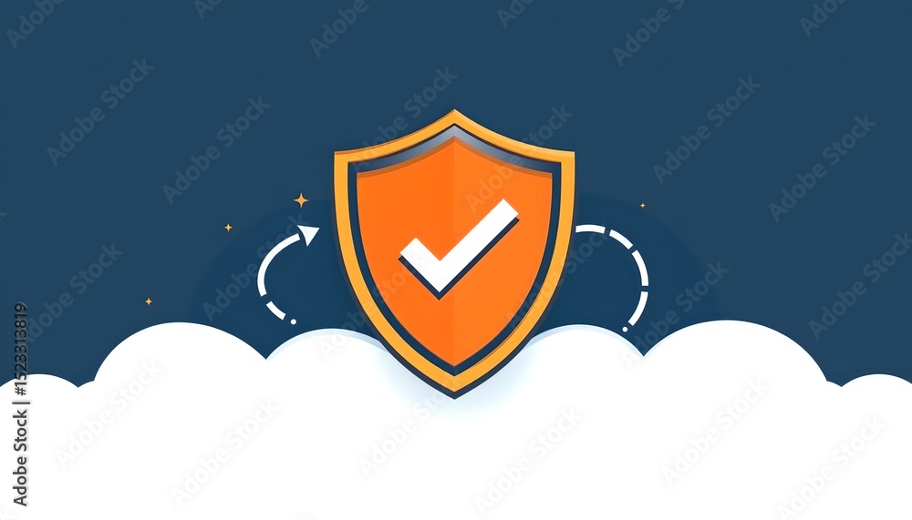 Poster shield icon with a check mark displayed against a navy background with white cloud shapes