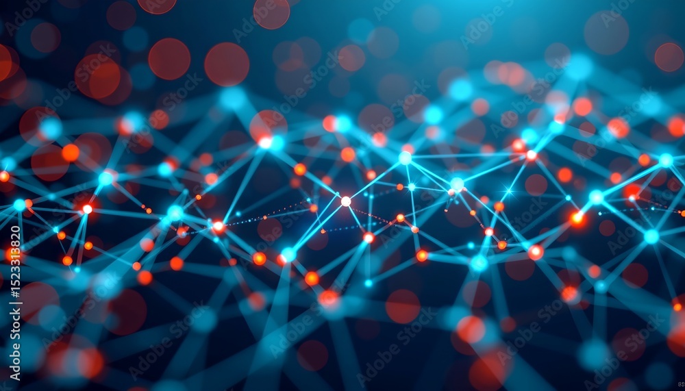 Poster a captivating abstract network of glowing blue lines and nodes, interconnected with soft red bokeh lights