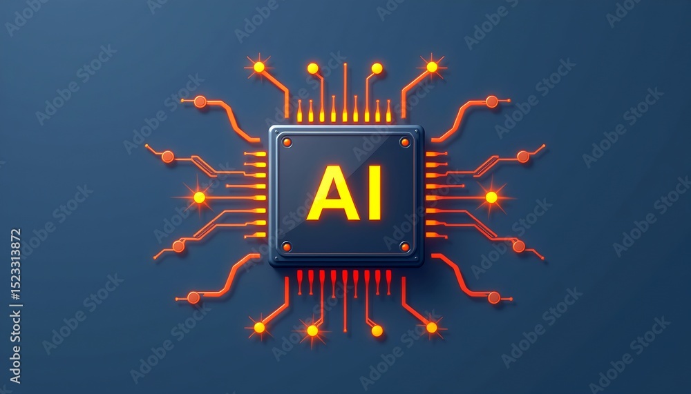 Aufkleber an abstract illustration of a glowing AI microchip, symbolizing technological innovation and the future of artificial intelligence.
