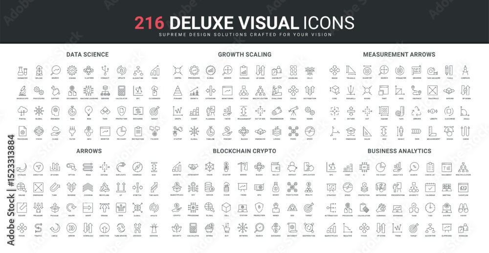 Poster business analytics and data protection, science, blockchain and crypto technology line icon set. cha