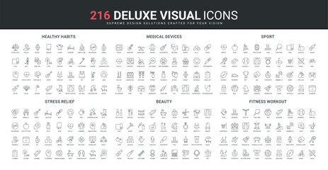 Healthy habits for health care, sports and fitness workout, beauty line icon set. Medical devices for hospital and home, solutions against stress thin black outline symbols vector illustration
