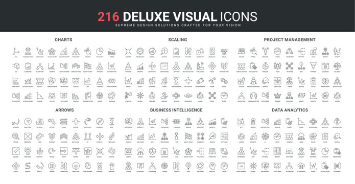 Business skills and intelligence, project management, size arrow and chart line icon set. Risk and difference analysis, algorithms and data processing thin black outline symbols vector illustration