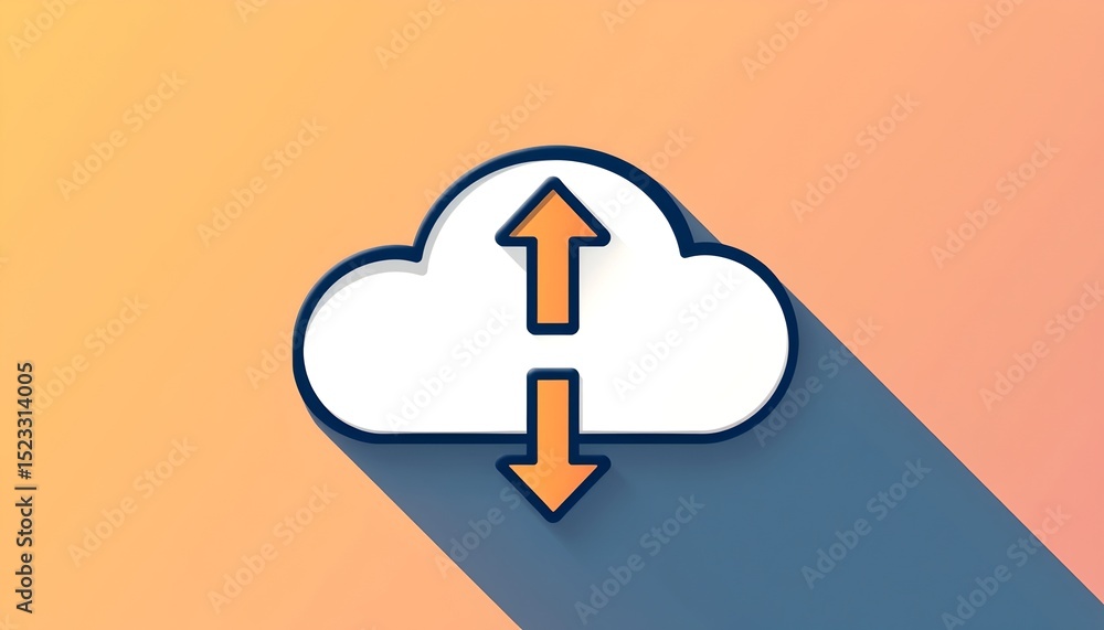 Poster Cloud upload and download icon with shadows, representing data transfer and online storage concepts. This image symbolizes data flow between devices and the cloud
