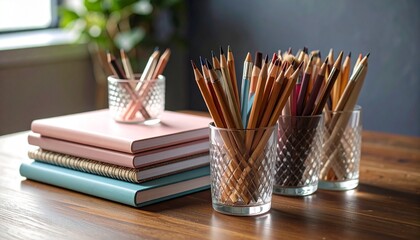 Obraz premium A stack of thick pastel colored notebooks and clear glasses filled with colored pencils and paint brushes, on a smooth grained mahogany tableGenerated image