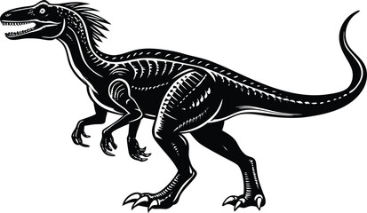 Obraz premium Ferocious Dinosaur Vector Illustration, Black and White Prehistoric Raptor Silhouette
