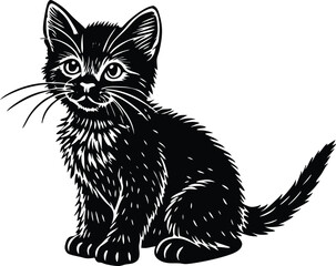 Fluffy Kitten Silhouette Vector Illustration with Detailed Fur and Expressive Eyes