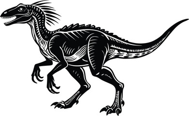 Ferocious Velociraptor Dinosaur Silhouette, Black and White Jurassic Vector Artwork
