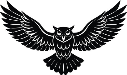 Flying Owl Silhouette Vector, Spread Wings Bird Design in Black and White