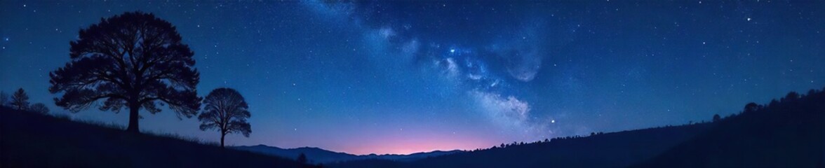 Fototapeta premium Silhouette of trees against a star-filled night sky, evoking a sense of peace and tranquility, perfect for meditation or spiritual reflection A mystical and serene landscape , peaceful, reflection