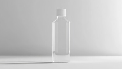 Minimalist style, white background, a transparent plastic bottle with no label, simple shape. 