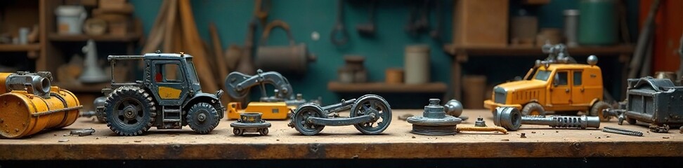 A variety of crane parts and supplies neatly organized on a workbench, ready for use Close-up shot highlighting details and textures of the metal components , winches, chain