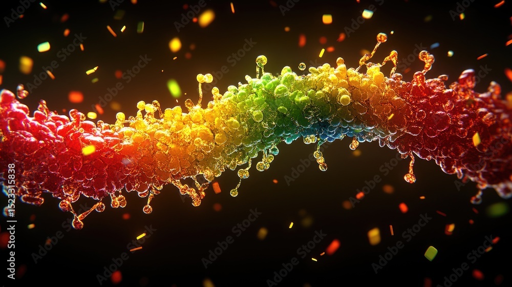 Poster rainbow fluid string surrounded by scattered confetti on dark backdrop