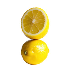 Two lemons, one sliced, isolated on transparent background.
