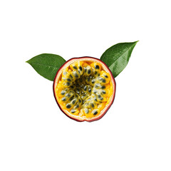 Passion fruit cut in half, displaying seeds and flesh isolated on transparent background.
