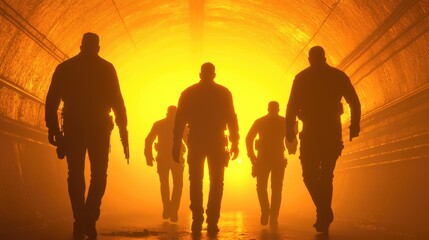 Silhouetted figures walk towards bright light in a tunnel. Dramatic, mysterious atmosphere