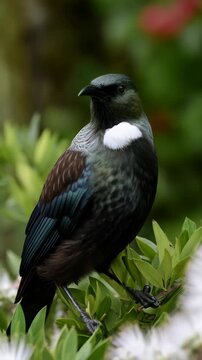 Elegant tui bird perched amidst lush green foliage in a tranquil garden setting, featuring its unique white throat feathers.