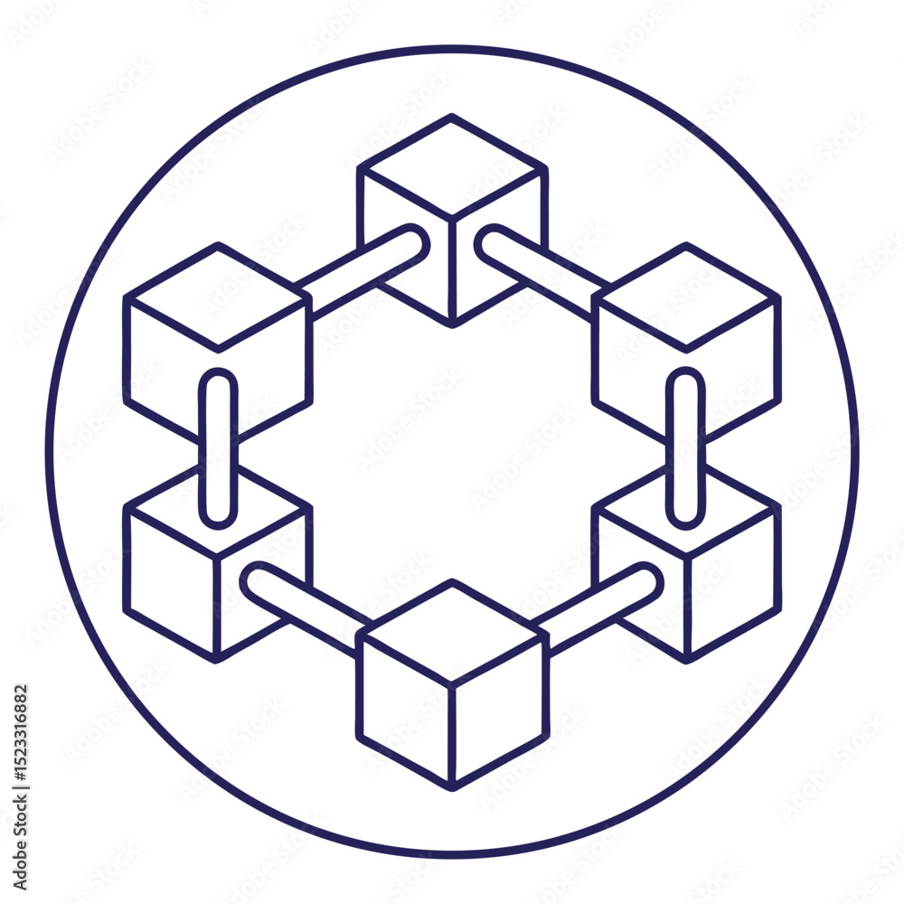 Poster blockchain technology concept depicted with cubes linked within a circular frame