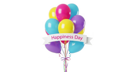 A joyful bundle of colorful balloons tied with ribbon celebrate Happiness Day with bright cheer.