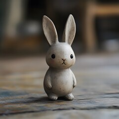 Cute little rabbit figurine on a wooden surface.