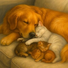 A semi-realistic painting of a Golden Retriever cuddling with a cat and kittens, all sleeping peacefully together, radiating warmth, safety, and unconditional love.